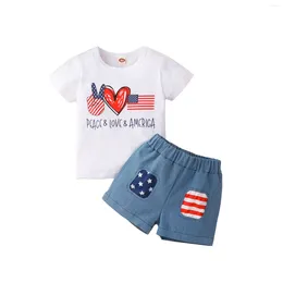 Clothing Sets 2024 0-5Y Kids Boy Casual PEACE LOVE AMERICA Letter Flag Print Round Neck Short Sleeve T-shirt Patch Denim Shorts 2pcs