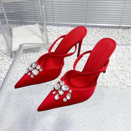 Slippers Women High Heel Sandals Summer Crystal Decor Banquet Pointed Toe Mixed Colours Satin Material Sexy Ladies Pumps