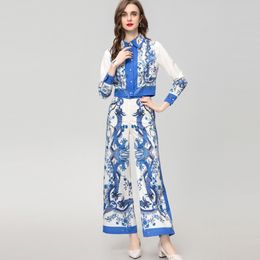 Women's Two Piece Pants Sets Turn Down Collar Long Sleeves Printed Blazers with Floral Wide Leg Pants Twinset