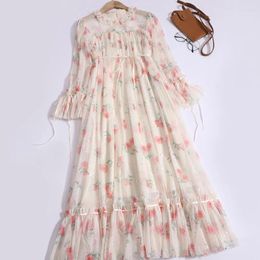 Casual Dresses Spring Summer Sweet Dress Women Mesh Nail Beads Floral Long Sleeve Trumpet