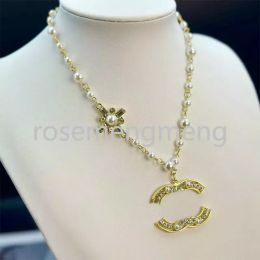 Flower Pearl Pendant Necklaces Designer Jewellery Brand C-Letter Inlay Crysatl Necklaces Leather Choker Chain Fashion Women Wedding Party Jewellery Love Gifts