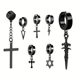 Earrings 7 pcs men's punk cross lightning star array stainless steel magnet fake earring sets