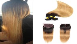 T1B 27 Dark Root Honey Blonde Straight Ombre Human Hair Weave 3 Bundles with 4x4 Lace Closure Cheap Coloured Brazilian Virgin Hair 1942026