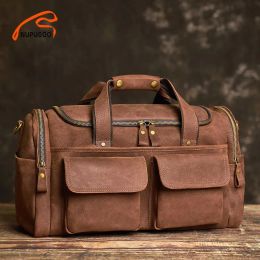 Bags NUPUGOO Vintage Men's Travel Bag Genuine Leather Hand Luggage Duffle Handmade Large Capacity Shoulder For 16 Inch Laptop