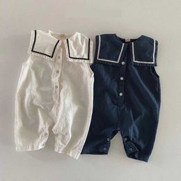 Rompers 2023 Summer New Baby Boy Sleeveless Sailor Collar Romper Newborn Girl Navy Jumpsuit Infant Toddler Loose Casual Clothes H240423