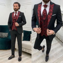 Suits Latest Modern Men's Wedding Suit Red Jacquard Slim Fit Custom Groom/Groomsman Outfits Tuxedo Homme Business Casual Homme 3 Piece