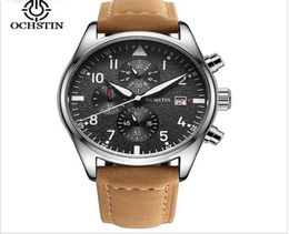 WholePilot Mens Watches Chronograph 6 Hands Leather Automatic days Men Waterproof Sport Quartz Watch Gift Box1770206