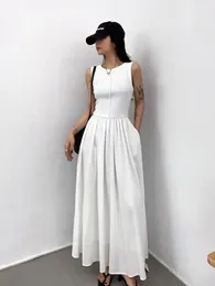 Casual Dresses Summer Women White High Waist Pleated Long Dress Lady Black Green Round Neck Sleeveless Sexy Slim Vest Vestidos