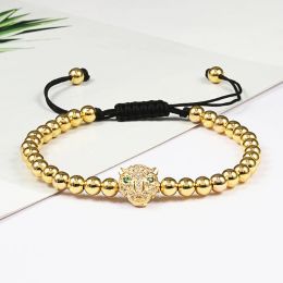 Strands Men Bracelet Gold Colour Leopard Head 5MM Pave Beads Braided Bracelets Bangles Handmade Armband Luxury Royal Women Jewellery Gift