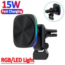 Chargers RGB LED Light Magnetic Car Wireless Charger 15W Air Vent Phone Holder For iphone 14 13 12 Pro Max Macsafe Fast Charging Station