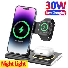 Chargers 3 in 1 30W Wireless Charger Stand For iPhone 14 13 12 Pro Max Apple Watch 8 7 Samsung Watch 5 Airpods Fast Charging Dock Station