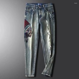 Men's Jeans Elastic Ripped Embroidered Vintage Plus Size Cowboy Trousers For Male Frayed Baggy Straight Denim Pants