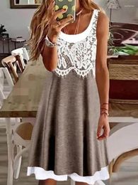 Casual Dresses Women Clothing Lace O Neck Sleeveless Loose Dress Fashion Embroidered Button Party Gray Beach Mini Vesidos