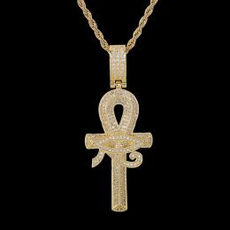 Necklaces Hip Hop Full AAA CZ Zircon Paved Bling Ice Out Horus Eye Ankh Cross Pendants Necklace for Men Women Rapper Jewellery Gold Colour