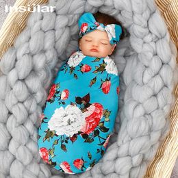 Blankets 3Pcs/Lot Born Swaddle Wrap Hat Headband Soft Baby Receiving Blanket Bedding Flower Cute Infant Sleeping Bag For 0-6 Month