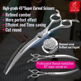 Scissors Fenice Highend 6.5/7.5 inch JP440C Bright Steel Brilliant Diamond Screw Pet Grooming Curved Scissors for Groomers