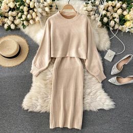 Work Dresses Women Autumn Winter V Neck Sleeveless Elastic Bodycon Tank Dress Two Piece Suits Knitted Set O Long Sleeve Tops