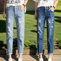 Womens Spring Highwaisted Loose Cropped Pants korean fashion Jeans women Casual Pencil Baggy Ripped Hole 240416