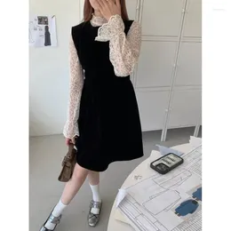 Casual Dresses Two-piece Set Of Women French Retro Velvet Vest Dress Gentle Lace Stand-up Collar Shirt Versatile And Fashionable For