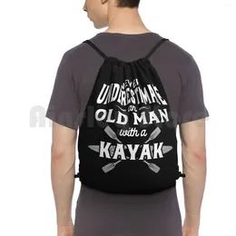 Backpack Never Underestimate An Old Man With A Kayak-White Gray Drawstring Bag Riding Climbing Gym Soccer Mom