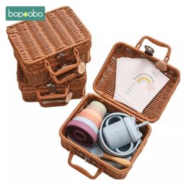 Tees Bopoobo Baby Feeding Tableware Box Set Gifts Baby Silicone Rainbow Stacker Toy Set Baby Birth Vintage Box Gifts