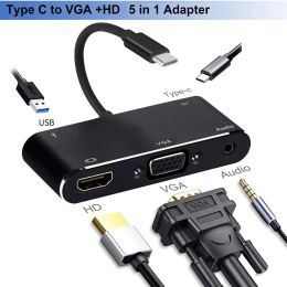 Hubs USB C 5in1 Hub Thunderbolt 3 TypeC to HD VGA Display USB3.0 3.5mm Jack Adapter Cable with PD Charging Port for Macbook Ipad Pro