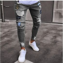 Men Stretchy Ripped Skinny Biker Embroidery Cartoon Print Jeans Destroyed Hole Slim Fit Denim High Quality Hip Hop Black 240420