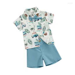 Clothing Sets Toddler Baby Boy Summer Clothes Coconut Tree Print Short Sleeve Button Down Shirt With Bowtie Solid Color Shorts Set Gentleman