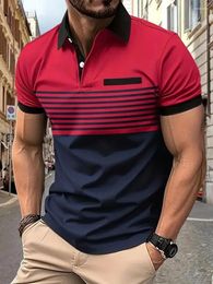 Men's Polos Male With Collar Tee Striped Mens T-shirt V Neck Polo Shirts Red Tops Elastic Aesthetic Xl Slim Fit Wholesale Summer Original