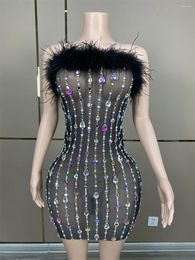 Stage Wear Sparkly Silver Rhinestone Mirror Elastic Fabric Short Dress Women Birthday Play Celebrate Dancer Party Show Dd