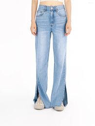 Women's Jeans Clearance Price Women Light Blue Split High Waist Fashion Pockets Straight Leg Pants