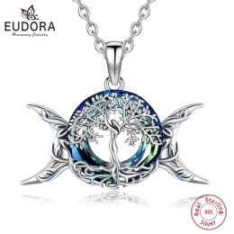 Necklaces Eudora 925 Sterling Silver Tree of Life Necklace Fine Triple Moon Goddess Amulet Pendant Austrian Crystal Jewellery Party Gift