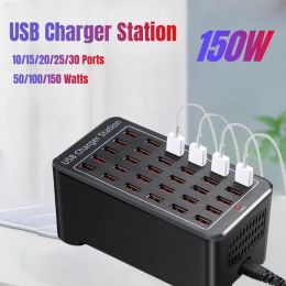 Hubs Multi port USB Charger 10 15 20 25 30 Ports HUB 150W 100/50W Universal Desktop Fast Charging Station Dock for Phone Power Adapte