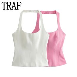 TRAF Pink White Halter Top Female Off Shoulder Crop Tops Women Sleeveless Backless Sexy Woman Top Summer Short Tank Tops 240421