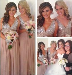 Dusty Pink Bling Silver Sequined Long Bridesmaid Dresses A Line Chiffon Maid Of Honour wedding guest party dresses Deep V Neck Cust8837492