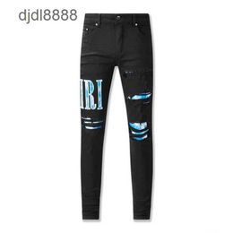 2023 Autumn/winter New American High Street Black Perforated Blue Camo Patch Jeans