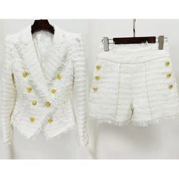 JAMERARY Double Breasted White Jackets Suits Coats Women Tweed Sets Golden Button Tassels Blazer Wide Leg Short Pants 240417