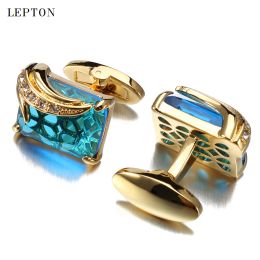 Links Lowkey Luxury Blue Glass Cufflinks for Mens Lepton Brand High Quality Square Crystal Cufflinks Shirt Cuff Links Relojes Gemelos
