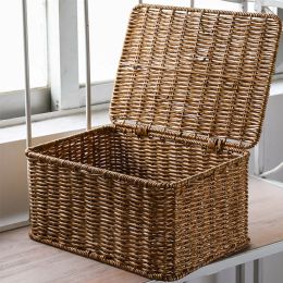 Baskets Wicker Storage Basket Handwoven Storage Box with Lid Sundries Cosmetic Organiser Rectangular Closet Organiser Laundry Basket