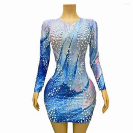 Stage Wear Fashion Blue Print Pearl Short Dress For Women Birthday Prom Evening Celebrate Party Rhinestones Singer Show Costume