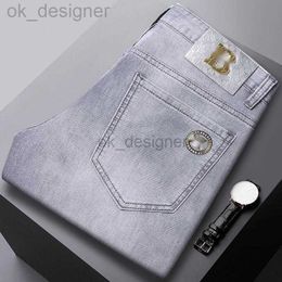 Men's Jeans designer European men's jeans 2024 spring/summer new trend hot stamping elastic slim fit pants light Grey