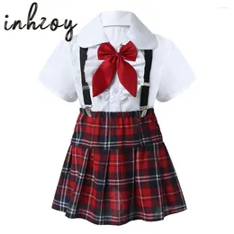 Clothing Sets Kids Girls Choir Costumes Dance Stage Performance Suit Student School Uniforms Short Sleeve Shirt Tops Suspenders Plaid Skirt