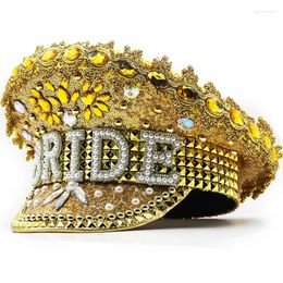 Berets Fashion Women Bride Military Hat Gold Sequin Burning Bridal Captain Sergeant Luxury Rhinestone Festival Birthday Part