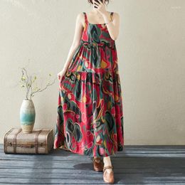 Casual Dresses Women's 2024 Summer Simplicity Spliced Printed Sling Fashion Vintage Loose Bohemian Cotton And Linen Long Dress