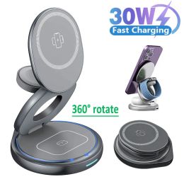 Chargers 360 Rotate 3 in 1 Magnetic Wireless Charger Stand Pad For iPhone 15 14 13 12 Pro Max Apple Watch Airpods Fast Charging Station