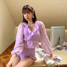 Women's Swimwear Purple Princess Ladies Korean Swimsuit Women One-piece Solid Ruffled Long Sleeve Gathers Spring Vacation