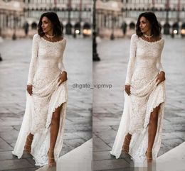 Newest Full Lace A Line Wedding Dresses Scoop Neck Long Sleeves Sweep Train Sexy Backless Country Wedding Bridal Gown vestido de novia