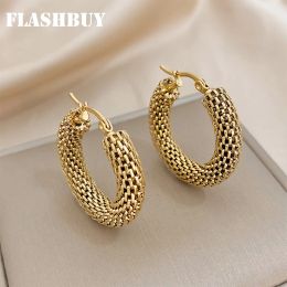 Earrings FLASHBUY Stainless Steel Gold Colour Geometric Metal Mesh Earrings For Women Girls New Trend Hoop Ear Jewellery Gift