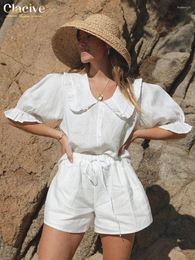 Women's Tracksuits Clacive Summer Loose White Linen Shorts Sets For Women 2 Pieces Elegant Short Sleeve Shirts With High Waist Set Female