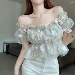 Women's T Shirts Puff Sleeves Floral Shirt Fashion Pleated Off Shoulder Summer Top Design Ruffle Chiffon For Women Girl Travel Holiday